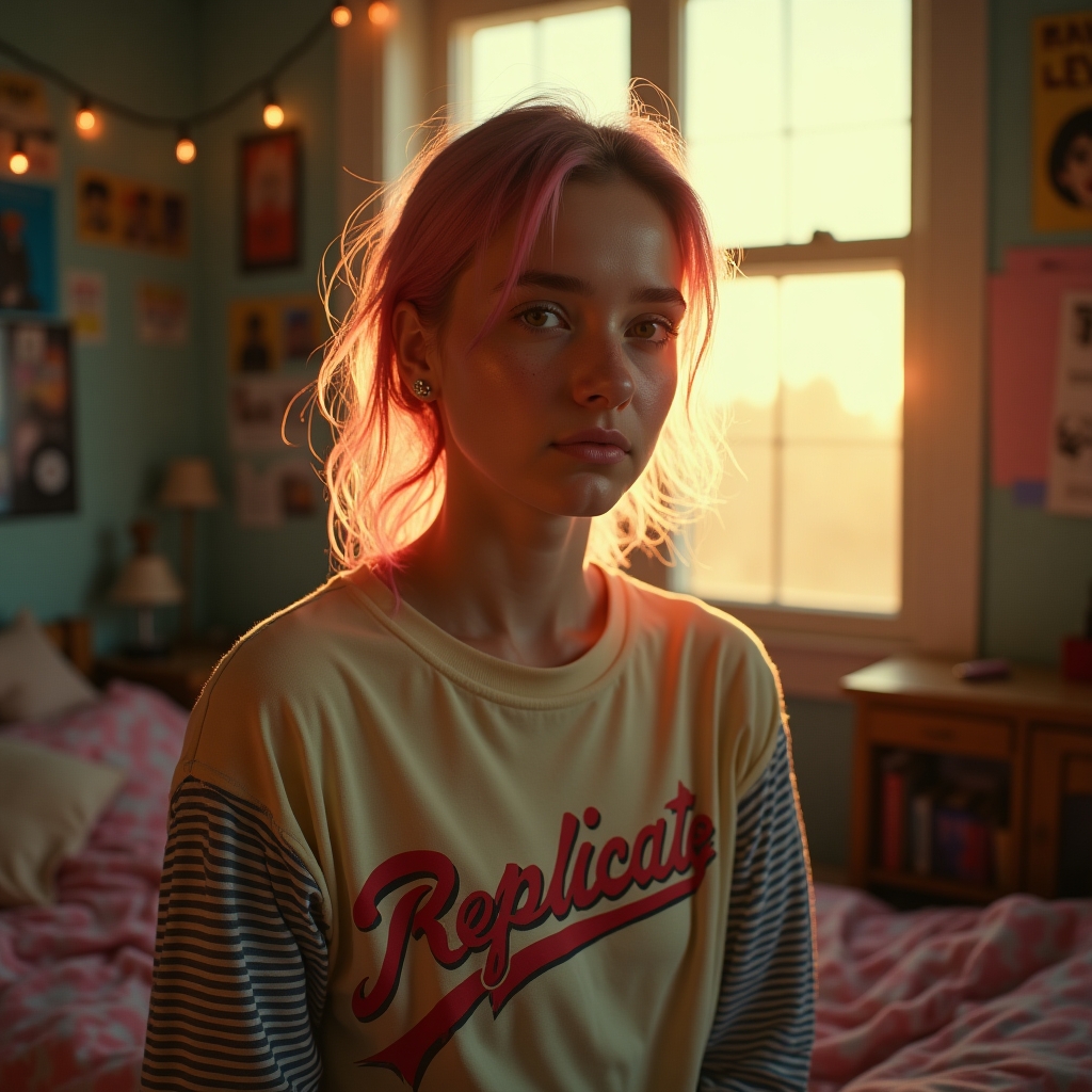 The photo: Create a cinematic, photorealistic medium shot capturing the nostalgic warmth of a late 90s indie film. The focus is a young woman with brightly dyed pink-gold hair and freckled skin, looking directly and intently into the camera lens with a hopeful yet slightly uncertain smile, she is slightly off-center. She wears an oversized, vintage band t-shirt that says "Replicate" (slightly worn) over a long-sleeved striped top and simple silver stud earrings. The lighting is soft, golden hour sunlight streaming through a slightly dusty window, creating lens flare and illuminating dust motes in the air. The background shows a blurred, cluttered bedroom with posters on the wall and fairy lights, rendered with a shallow depth of field. Natural film grain, a warm, slightly muted color palette, and sharp focus on her expressive eyes enhance the intimate, authentic feel