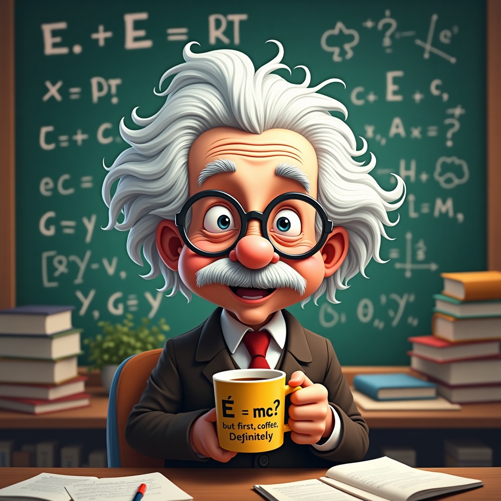 Create a humorous and creative digital artwork of Albert Einstein with his iconic messy hair and playful expression. Show him wearing round glasses, holding a coffee mug that says “E = mc² (but first, coffee)” while standing in front of a chalkboard full of funny equations and doodles. The style should be cartoonish yet detailed, with bright colors and a fun, lighthearted atmosphere. Add a caption that says: “Genius? Maybe. Coffee addict? Definitely.” The background should feel like a chaotic lab or classroom filled with books, papers, and flying ideas.