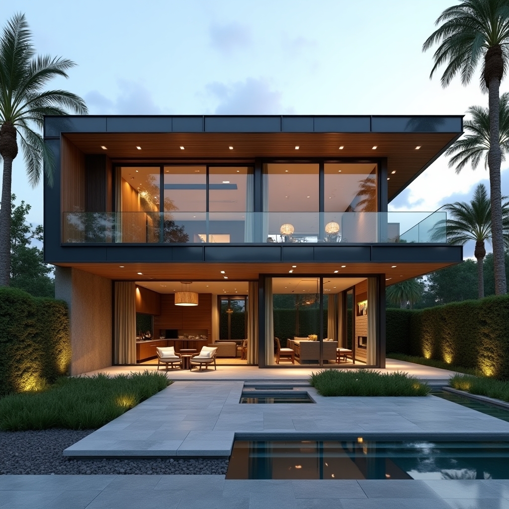 Create a stunning modern house design for a client named Ismail. The design should combine elegance and comfort, featuring clean architectural lines, large glass windows, natural lighting, and a balanced use of wood, stone, and greenery. The environment should feel warm and inviting, with a minimalist yet luxurious touch. Include a beautiful outdoor area with a small garden and seating space. Add subtle personalized details that reflect the name Ismail in the design concept or engraving. High-quality, realistic architectural rendering, cinematic lighting, and detailed textures.