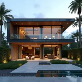 Create a stunning modern house design for a client named Ismail. The design should combine elegance and comfort, featuring clean architectural lines, large glass windows, natural lighting, and a balanced use of wood, stone, and greenery. The environment should feel warm and inviting, with a minimalist yet luxurious touch. Include a beautiful outdoor area with a small garden and seating space. Add subtle personalized details that reflect the name Ismail in the design concept or engraving. High-quality, realistic architectural rendering, cinematic lighting, and detailed textures.