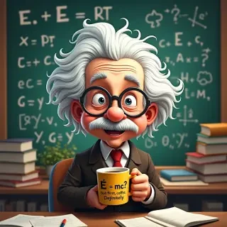 Create a humorous and creative digital artwork of Albert Einstein with his iconic messy hair and playful expression. Show him wearing round glasses, holding a coffee mug that says “E = mc² (but first, coffee)” while standing in front of a chalkboard full of funny equations and doodles. The style should be cartoonish yet detailed, with bright colors and a fun, lighthearted atmosphere. Add a caption that says: “Genius? Maybe. Coffee addict? Definitely.” The background should feel like a chaotic lab or classroom filled with books, papers, and flying ideas.